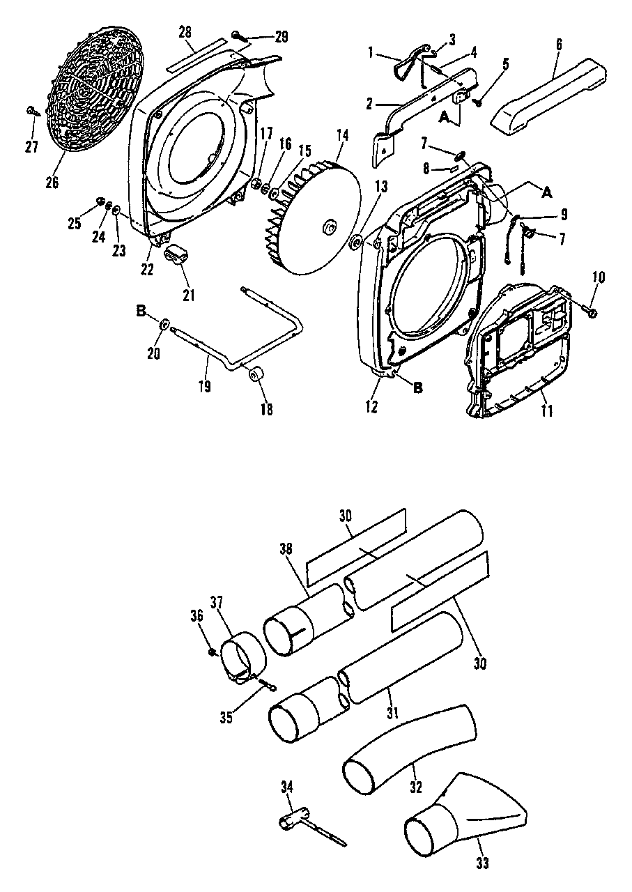 Blower Pipes, Cases, Fan Diagram and Parts List for PB-210 Type 1 Echo Leaf Blower / Vacuum