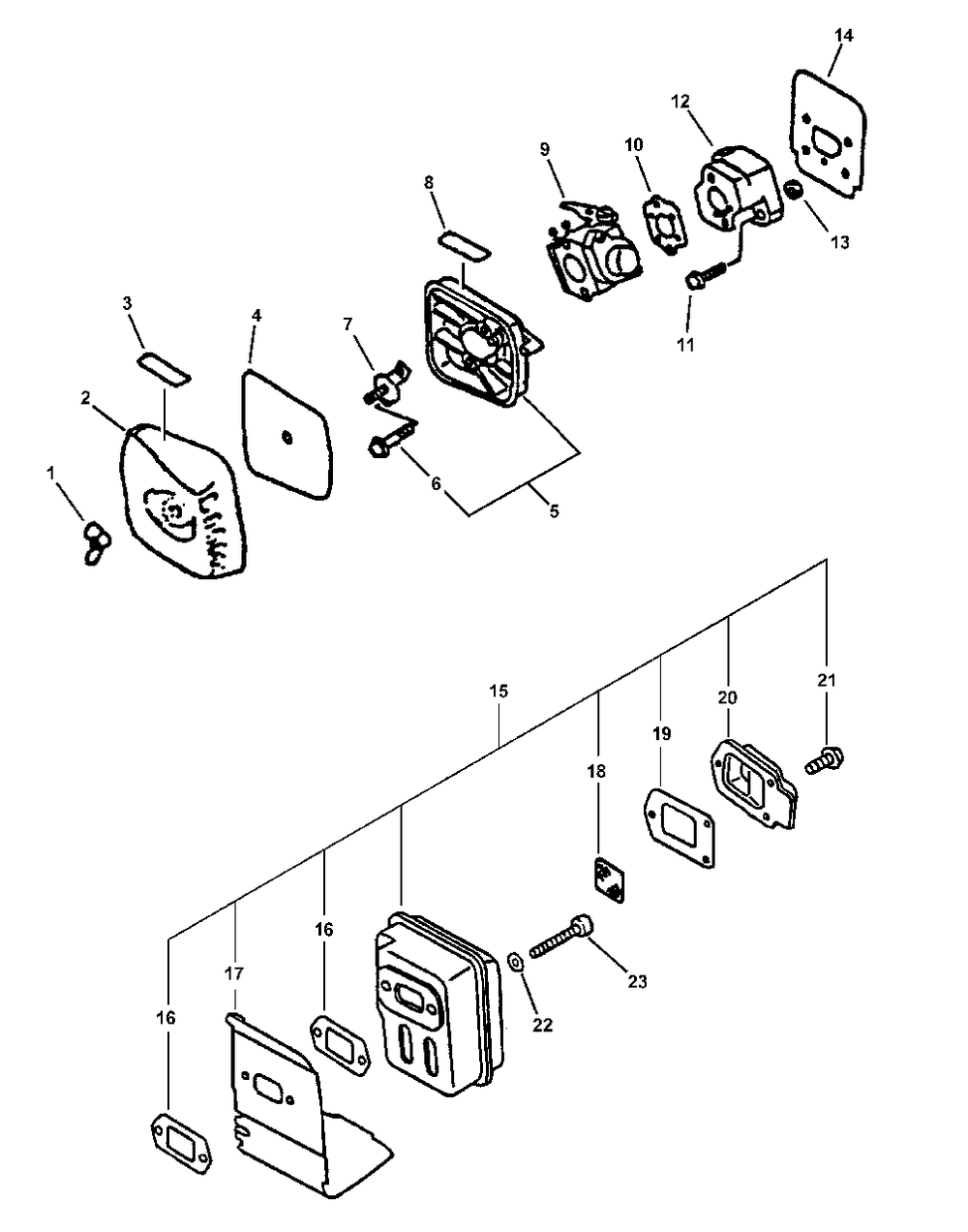 Intake, Exhaust Diagram and Parts List for SRM-2100 159491 - 999999 Echo Trimmer