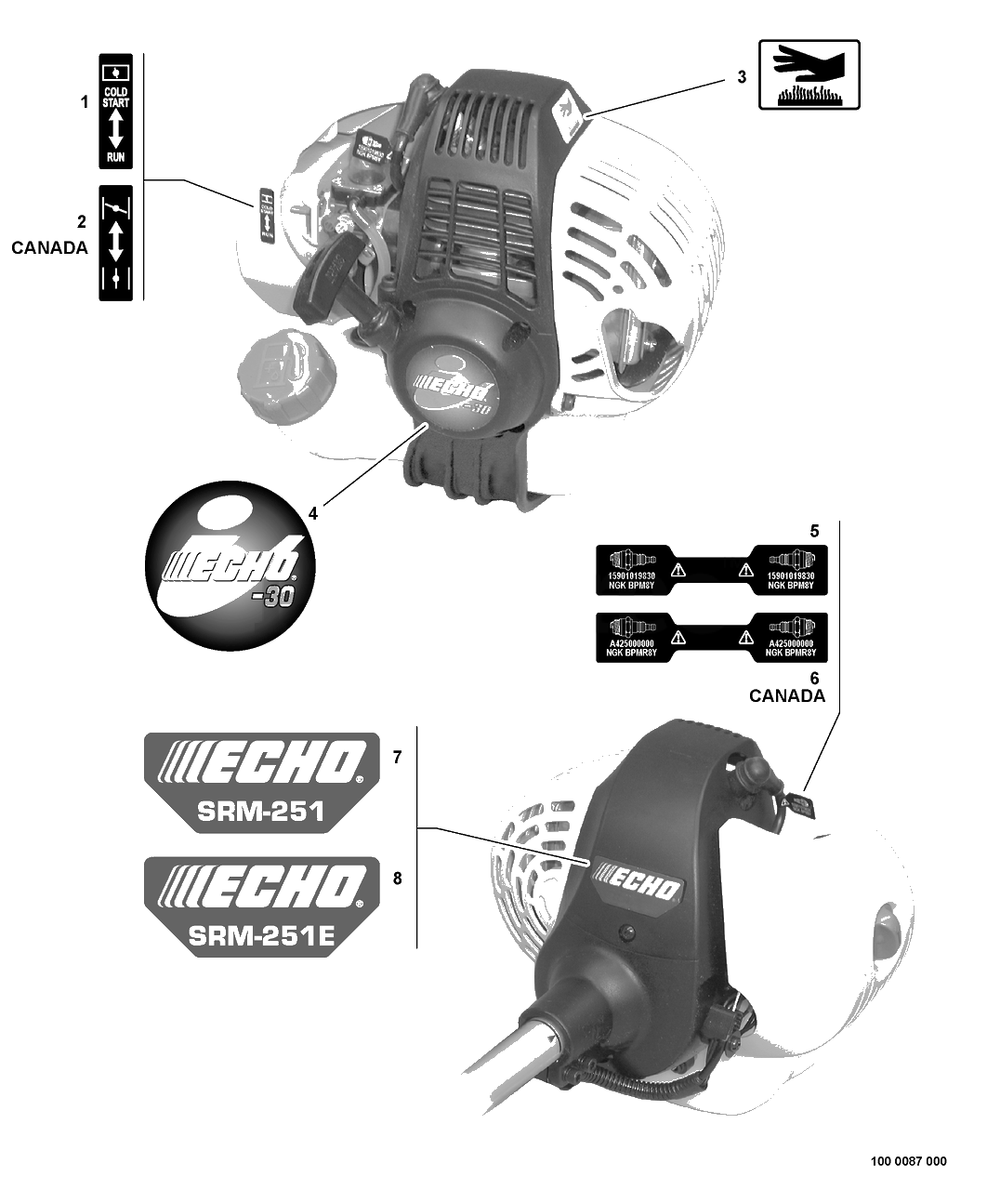 Labels Diagram and Parts List for SRM-251 08001001 - 08999999 Echo Trimmer