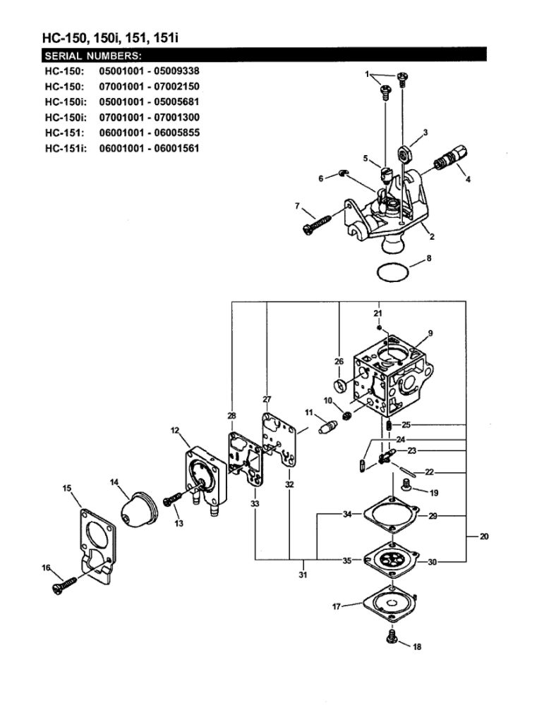 Carburetor 1 Diagram and Parts List for HC-151I 05001001-07999999 Echo Hedge Trimmer