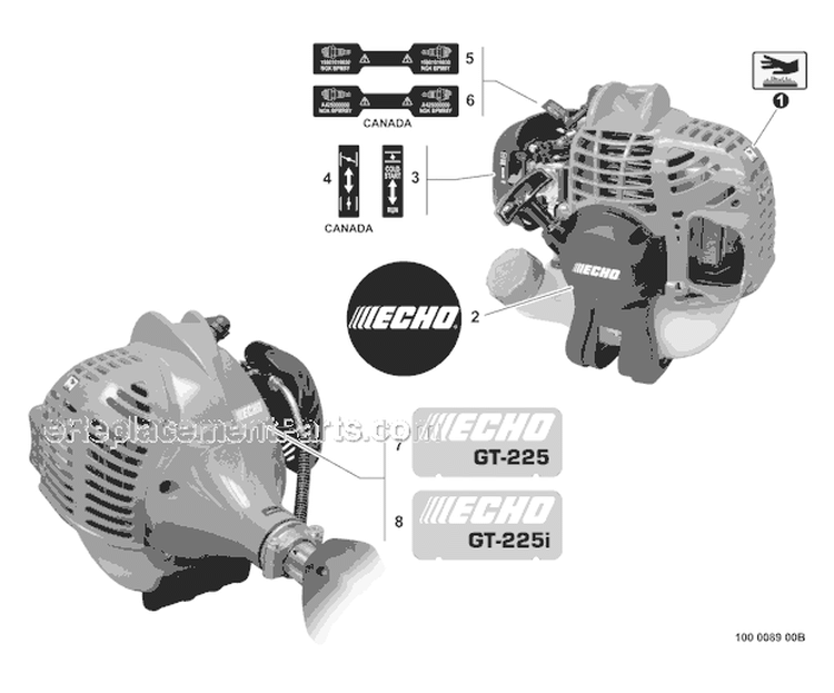 Labels Diagram and Parts List for GT-225I S54711001001-S54711999999 Echo Trimmer