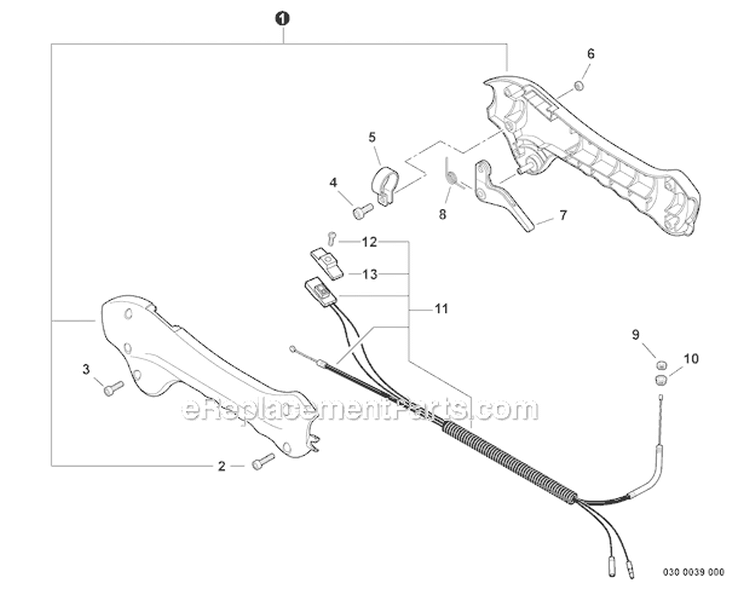 Control Handle Diagram and Parts List for GT-225 S08612001001-S08612999999 Echo Trimmer