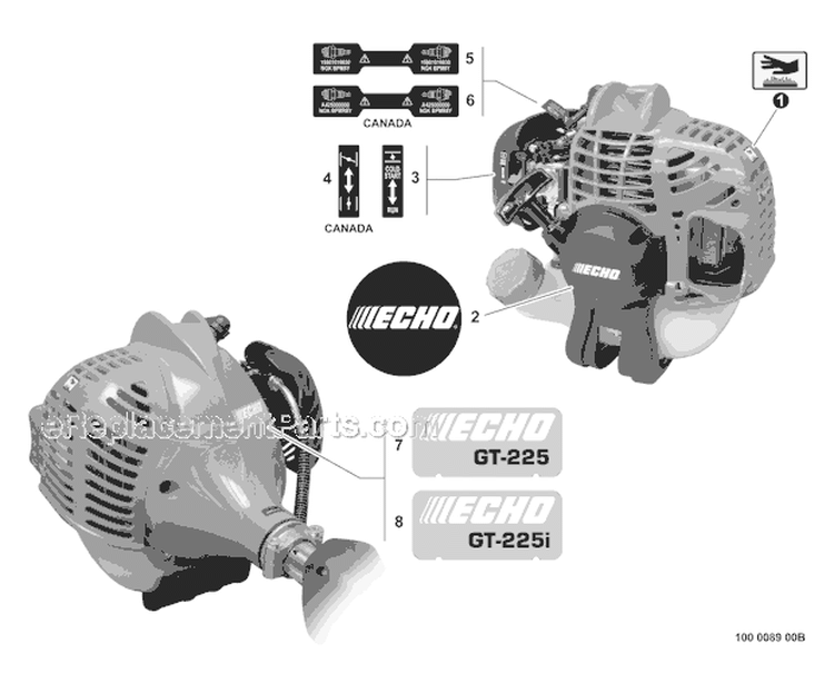 Labels Diagram and Parts List for GT-225 S09313001001-S09313999999 Echo Trimmer
