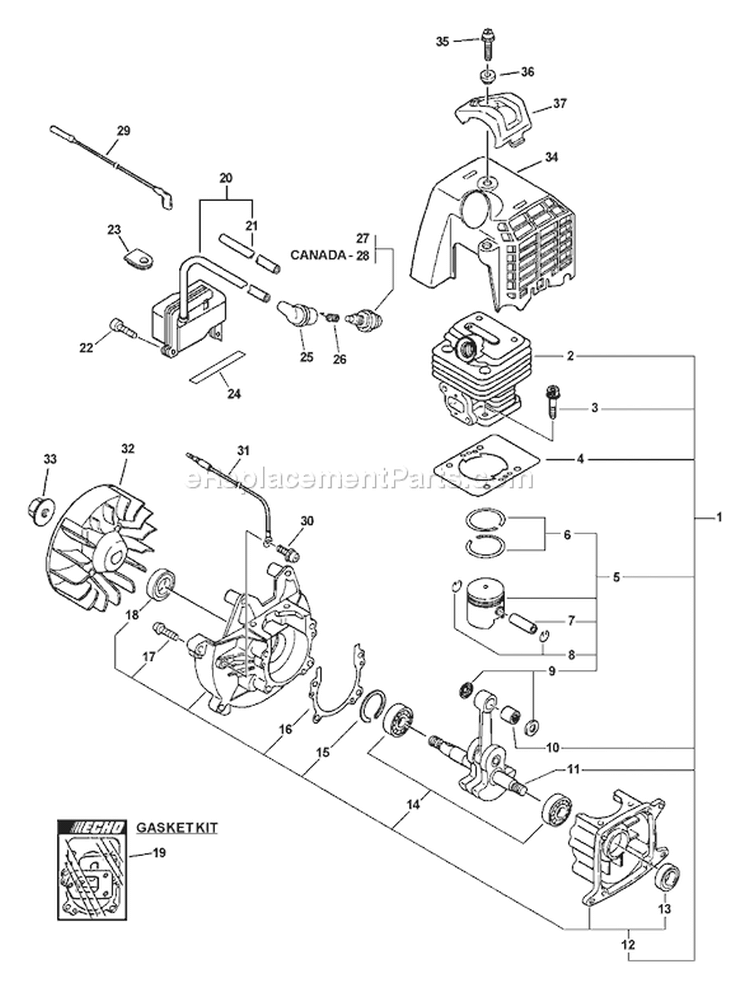 Page B Diagram and Parts List for GT-230 07001225 - 07001448 Echo Trimmer