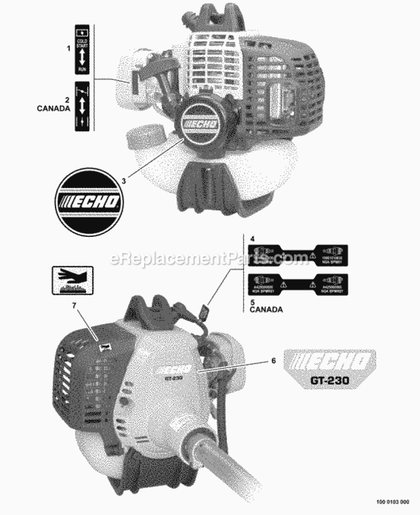 Labels Diagram and Parts List for GT-230 S85811001001 - S85811999999 Echo Trimmer