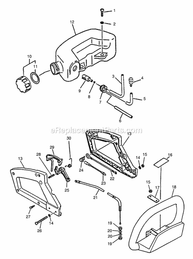 Fuel System Handles Ignition Switch Throttle Diagram and Parts List for HC-1500 Type 1E Echo Hedge Trimmer
