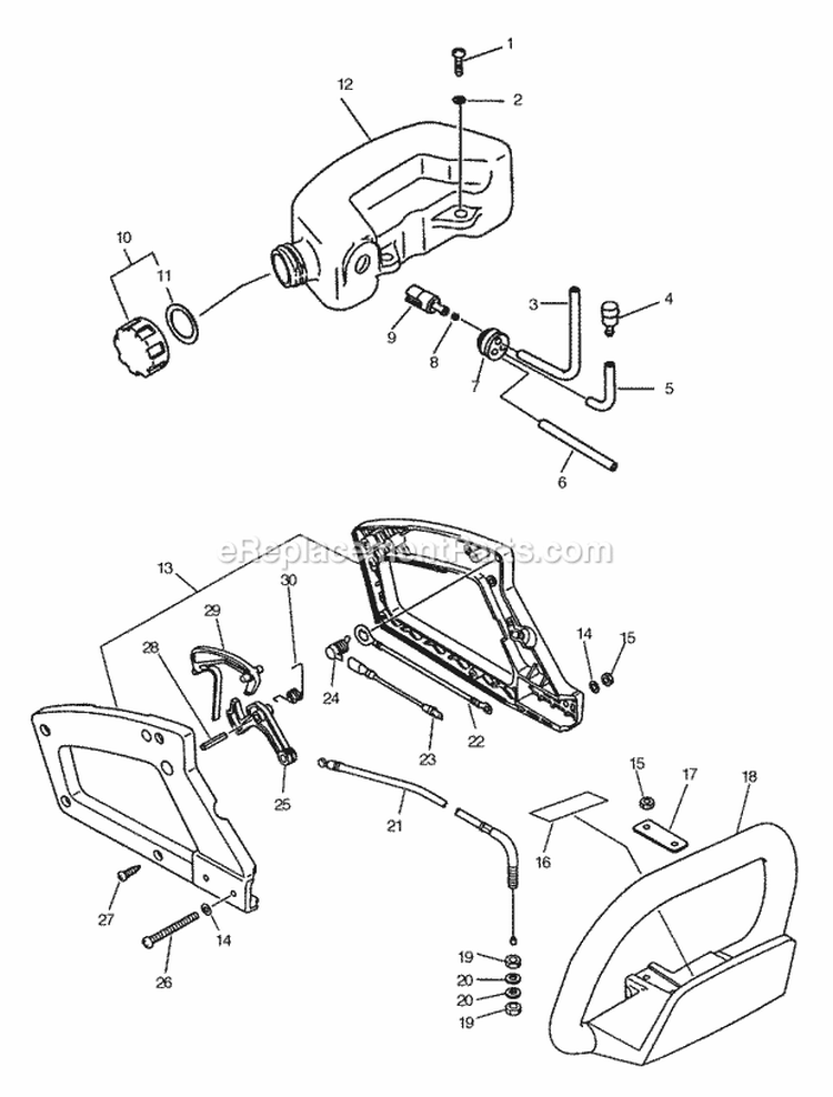 Fuel System Handles Throttle Stop Switch Diagram and Parts List for HC-1500 Type 2E Echo Hedge Trimmer