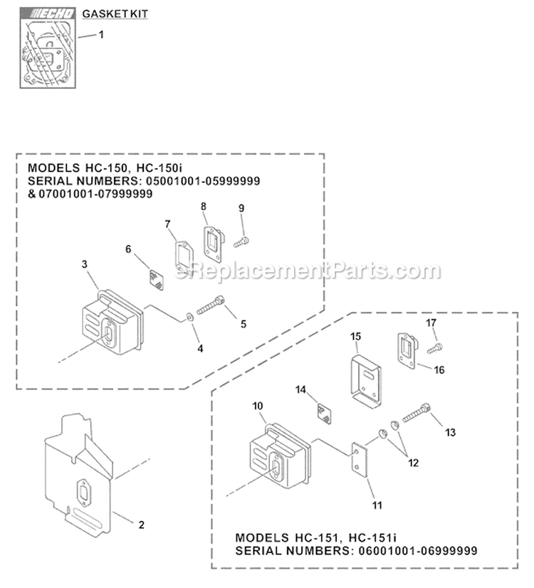 Page E Diagram and Parts List for HC-150I 07001001 - 07999999 Echo Hedge Trimmer