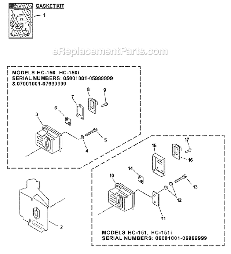 Page E Diagram and Parts List for HC-151I 06001001 - 06999999 Echo Hedge Trimmer