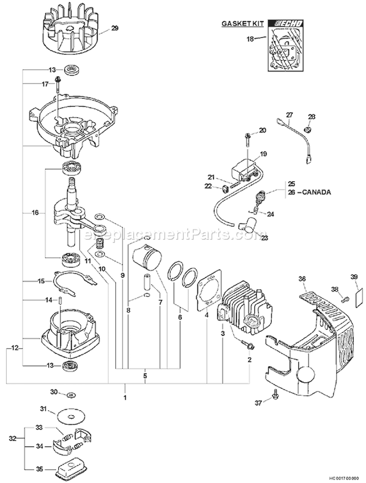 D - Engine, Short Block, Ignition, Clutch, Cylinder Cover Diagram and Parts List for HC-151 06001001 - 06999999 Echo Hedge Trimmer