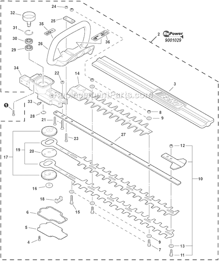 Blades, Front Handle, Gear Case Diagram and Parts List for HC-152 S94111001001-S94111999999 Echo Hedge Trimmer