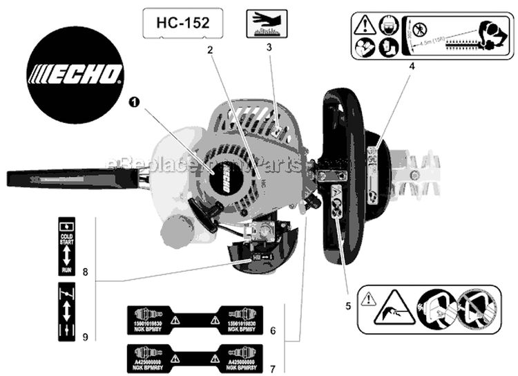 Labels and Kits Diagram and Parts List for HC-152 S94111001001-S94111999999 Echo Hedge Trimmer