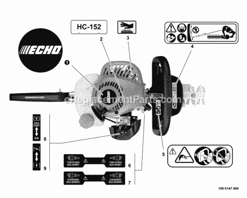Labels Diagram and Parts List for HC-152 S95026001001 - S95026999999 Echo Hedge Trimmer