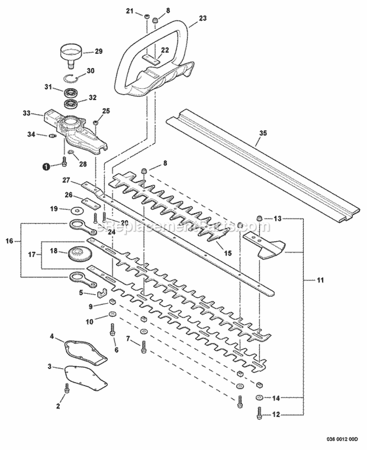 Front Handle Gear Case Blades - 20 With Tip Guard Diagram and Parts List for HC-155 S83713001001-S83713999999 Echo Hedge Trimmer