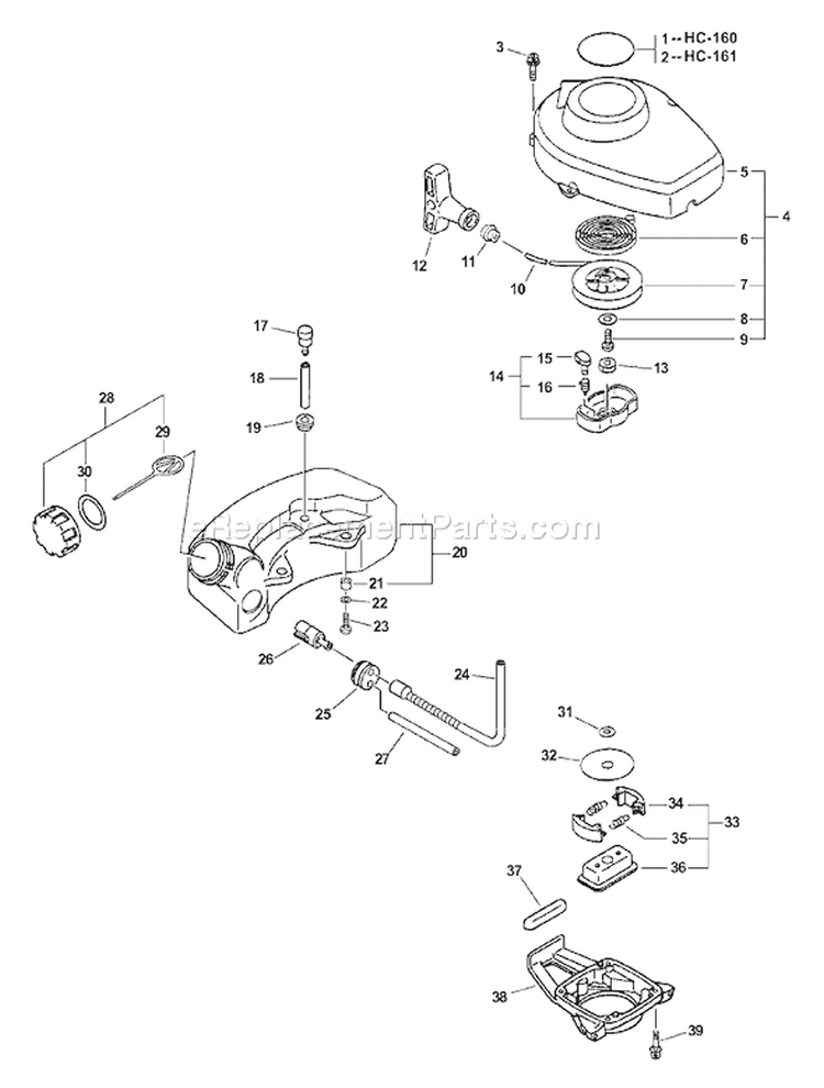 Page G Diagram and Parts List for HC-160 07001001 - 07999999 Echo Hedge Trimmer