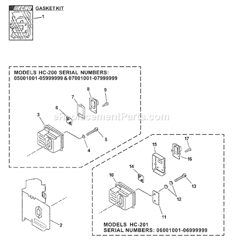 Page E Diagram and Parts List for HC-201 06001001 - 06999999 Echo Hedge Trimmer