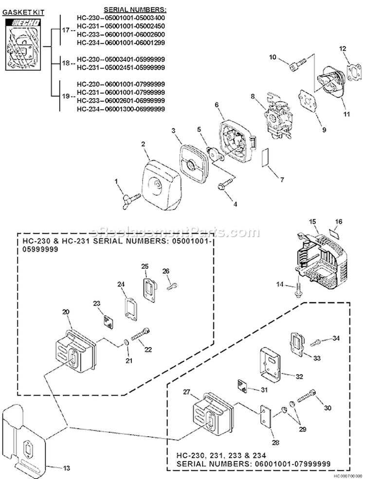 Page G Diagram and Parts List for HC-231 07001101 - 07999999 Echo Hedge Trimmer
