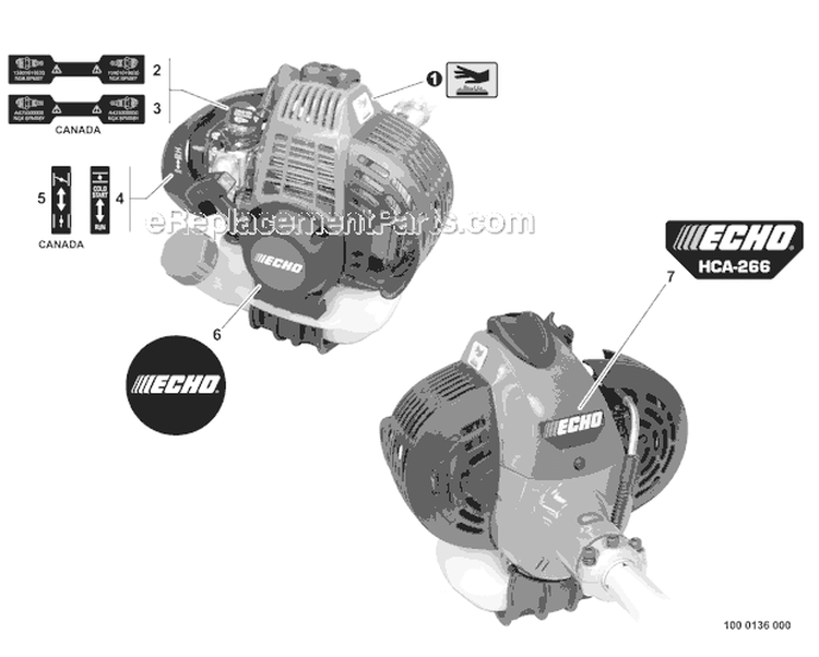 Labels Diagram and Parts List for HCA-266 T43011001001-T43011999999 Echo Hedge Trimmer