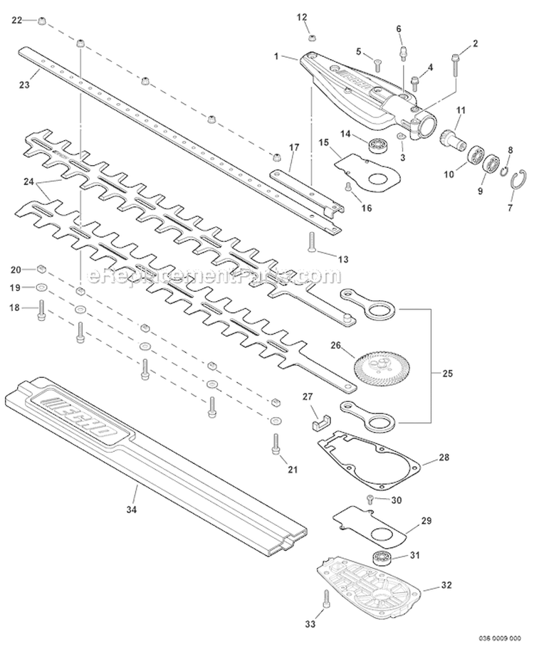 Hedge Trimmer Attachment - Gear Case, Blades Diagram and Parts List for PAS-225 S59511001001-S59511003000 Echo Trimmer