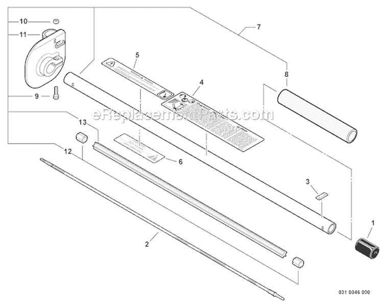 Articulating Hedge Trimmer - Main Pipe, Cutter Guard Diagram and Parts List for PAS-225 S59511001001-S59511003000 Echo Trimmer