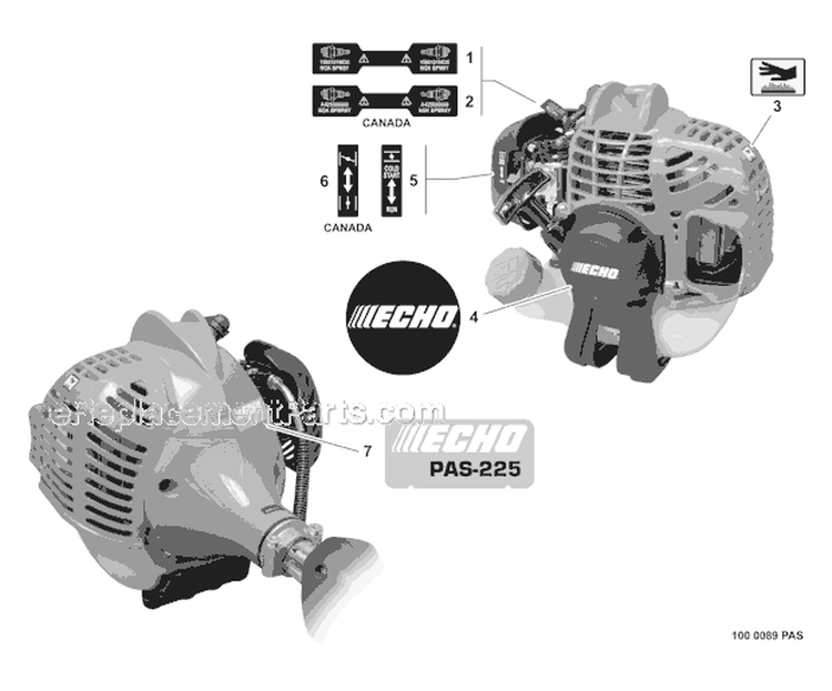Labels Diagram and Parts List for PAS-225 S59612001001-S59612022000 Echo Trimmer