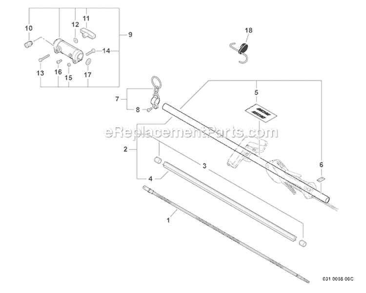 Main Pipe Assembly, Driveshaft, Coupler Diagram and Parts List for PAS-225 S59612001001-S59612022000 Echo Trimmer