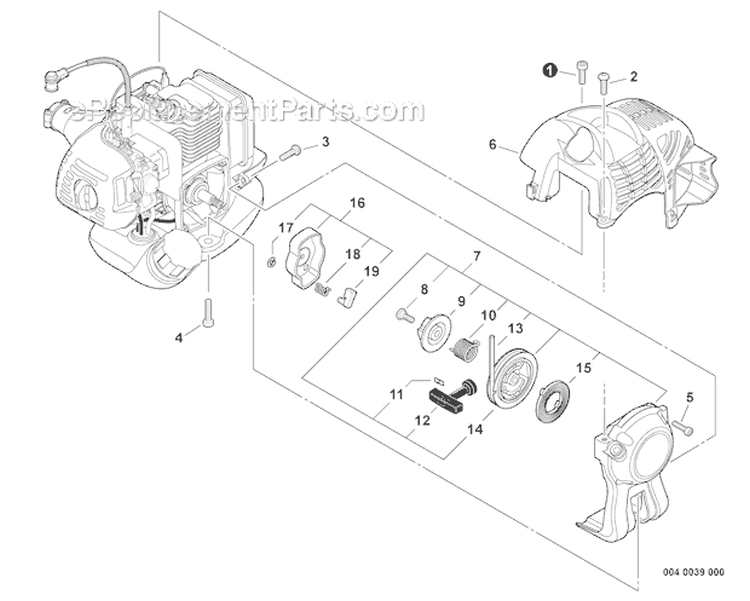 Engine Cover, Starter Diagram and Parts List for PAS-225 S59612001001-S59612022000 Echo Trimmer