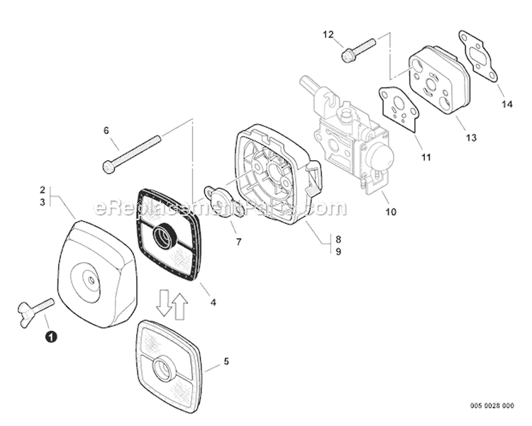 Intake Diagram and Parts List for PAS-230 05001001-05999999 Echo Trimmer