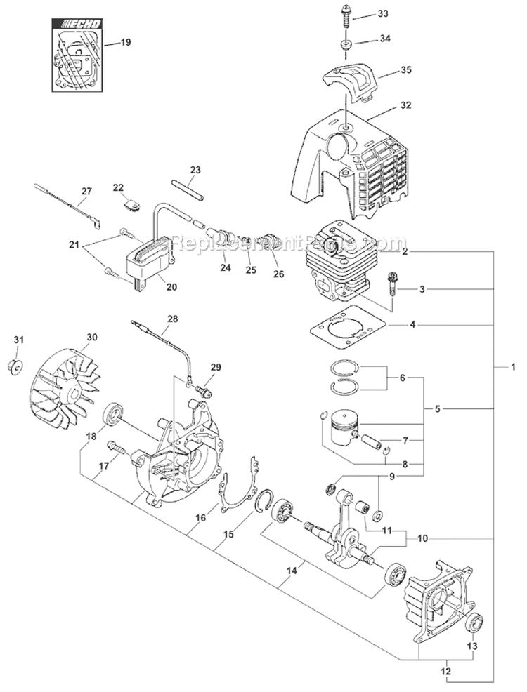 Engine, Short Block, Ignition, Cylinder Cover Diagram and Parts List for PAS-230 05001001-05999999 Echo Trimmer