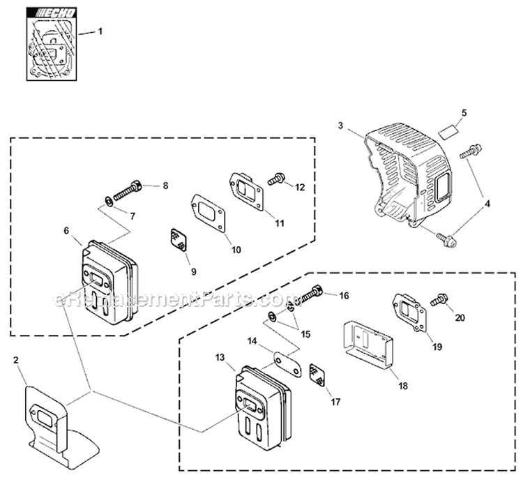 Exhaust Diagram and Parts List for PAS-230 05001001-05999999 Echo Trimmer