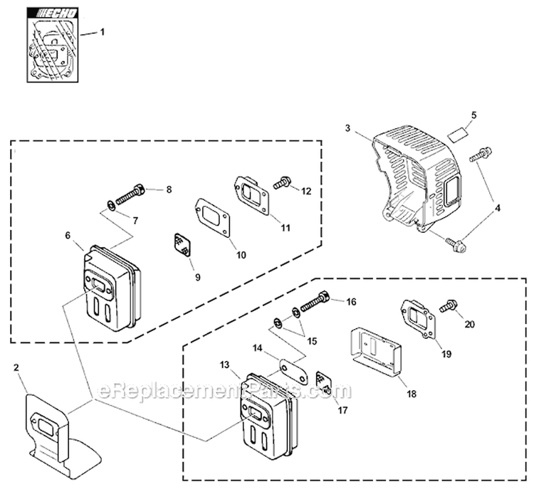 Exhaust Diagram and Parts List for PAS-230 06001001-06999999 Echo Trimmer