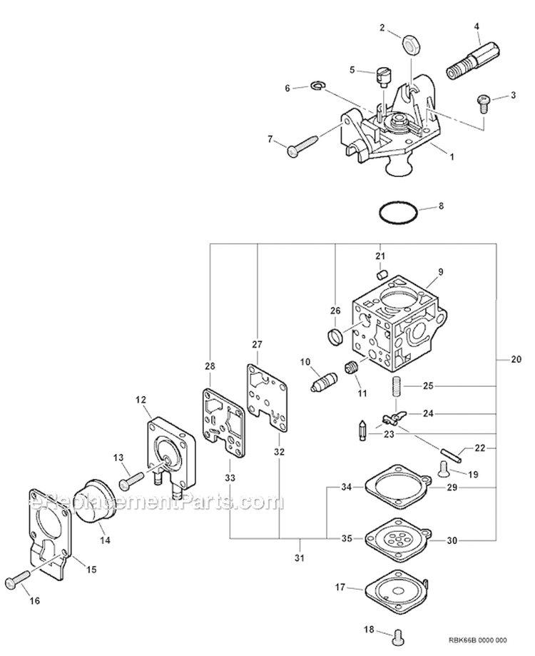 Carburetor - Rb-K66B Sn: 0701001-07001420 Diagram and Parts List for PAS-230 07001001-07999999 Echo Trimmer