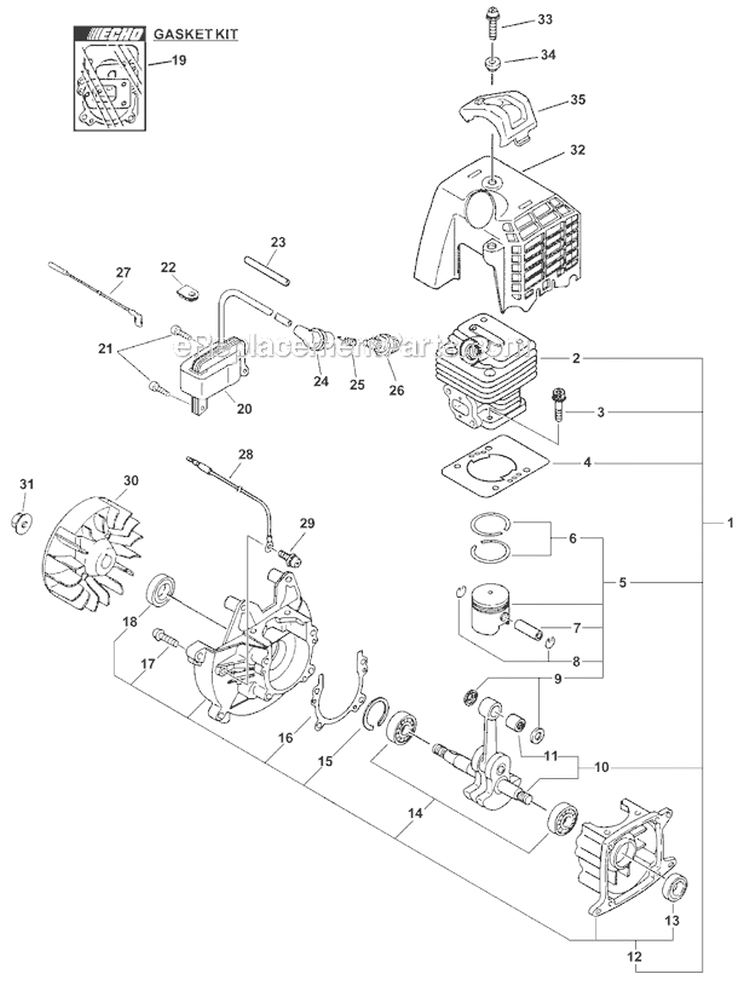 Engine, Short Block, Ignition, Cylinder Cover Diagram and Parts List for PAS-230 07001001-07999999 Echo Trimmer