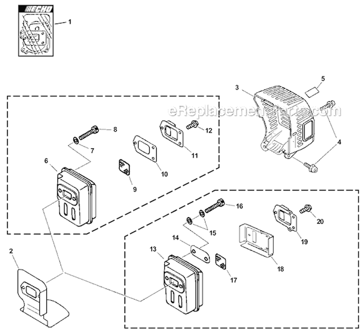 Exhaust Diagram and Parts List for PAS-230 07001001-07999999 Echo Trimmer