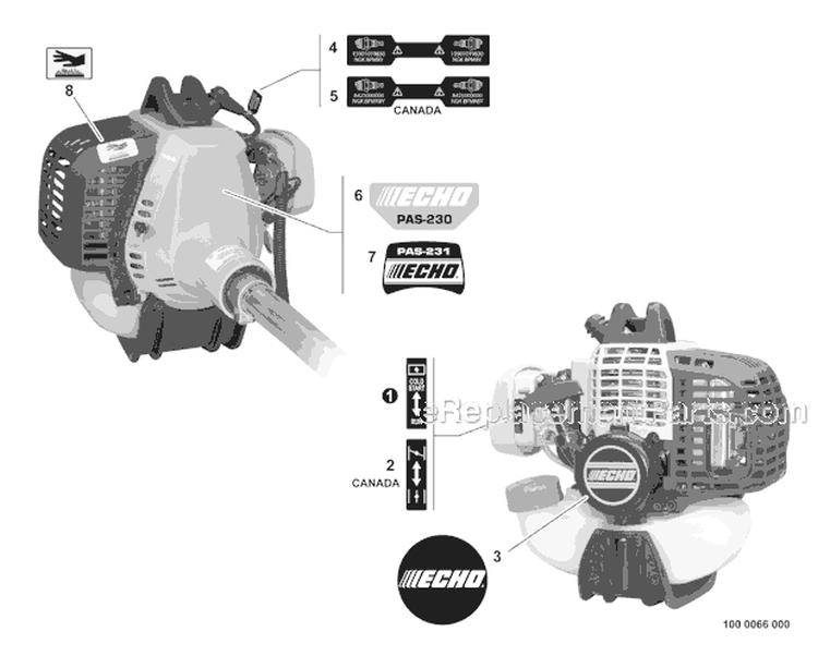 Labels Diagram and Parts List for PAS-230 S67711001001-S67711999999 Echo Trimmer