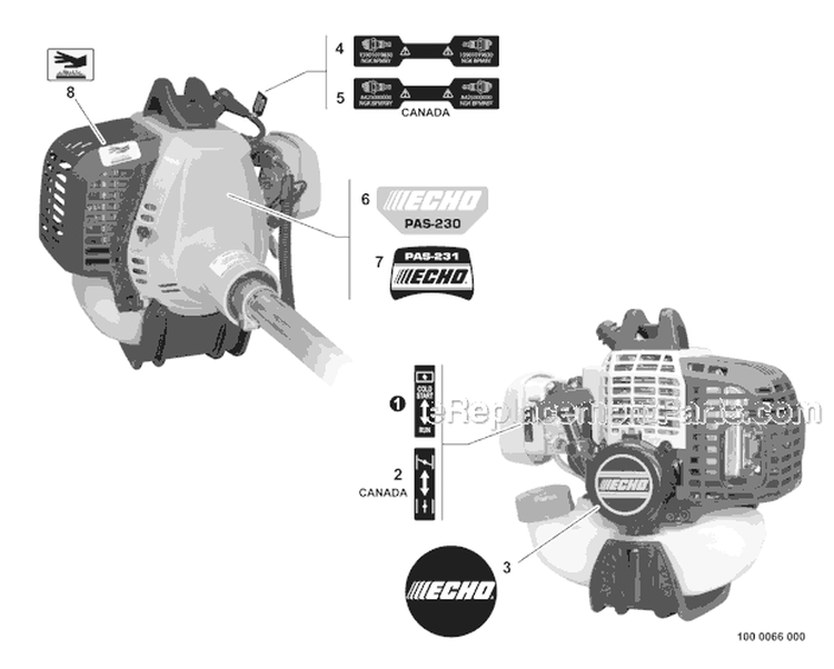 Labels Diagram and Parts List for PAS-230 S75212001001-S7521999999 Echo Trimmer