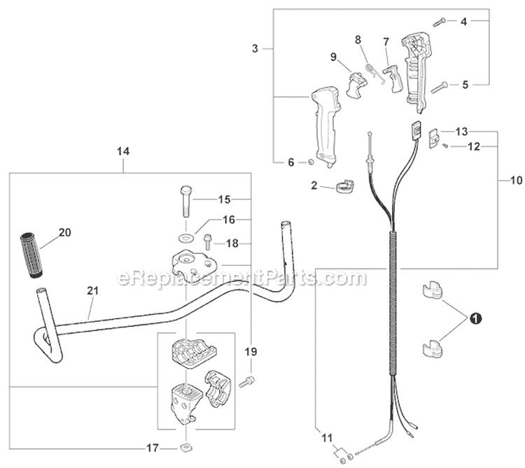 U-Handle Kit Handles and Throttle Control Diagram and Parts List for PAS-280 T44612001001-T44612999999 Echo Trimmer