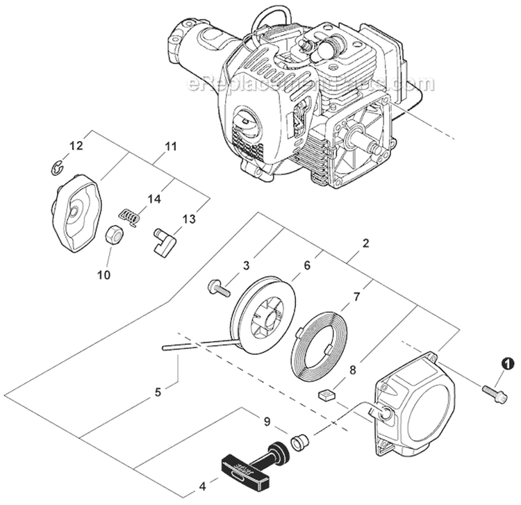 Starter Diagram and Parts List for PAS-280 T44713001001-T44713999999 Echo Trimmer
