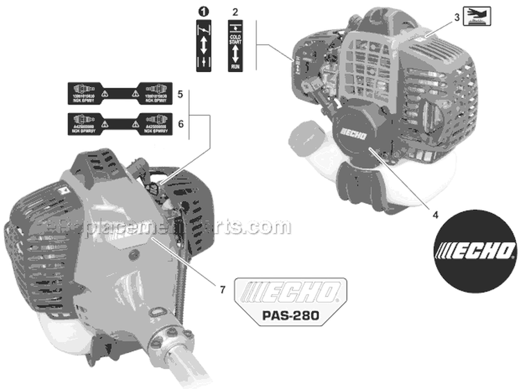 Labels and Kits Diagram and Parts List for PAS-280 T44713001001-T44713999999 Echo Trimmer