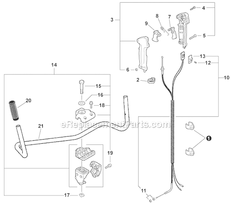 U-Handle Kit Handles and Throttle Control Diagram and Parts List for PAS-280 T44713001001-T44713999999 Echo Trimmer