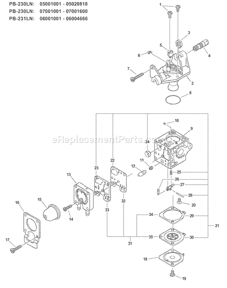 Page A Diagram and Parts List for PB-231LN 06001001 - 06004666 Echo Leaf Blower / Vacuum