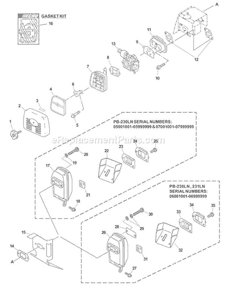 Page E Diagram and Parts List for PB-231LN 06001001 - 06004666 Echo Leaf Blower / Vacuum