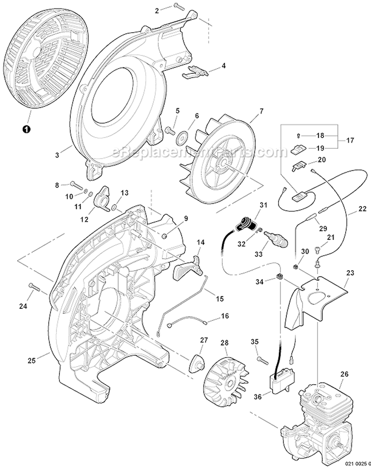 Fan Cover, Ignition, Throttle Control Diagram and Parts List for PB-250 P33313001001-P33313999999 Echo Leaf Blower / Vacuum