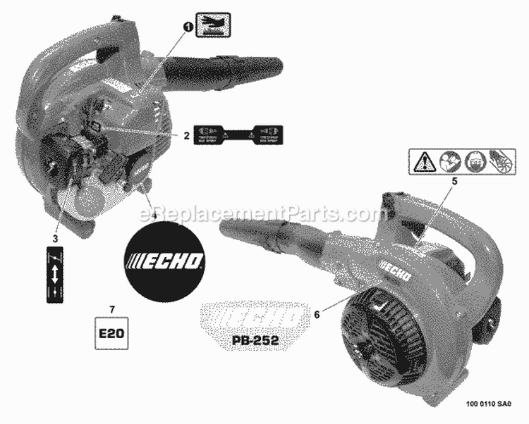 Labels Diagram and Parts List for PB-252 P35620001001-P35620999999 Echo Leaf Blower / Vacuum