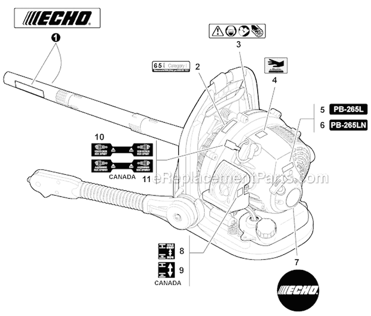 Labels and Kits Diagram and Parts List for PB-265LN P35312001001-P35312999999 Echo Leaf Blower / Vacuum