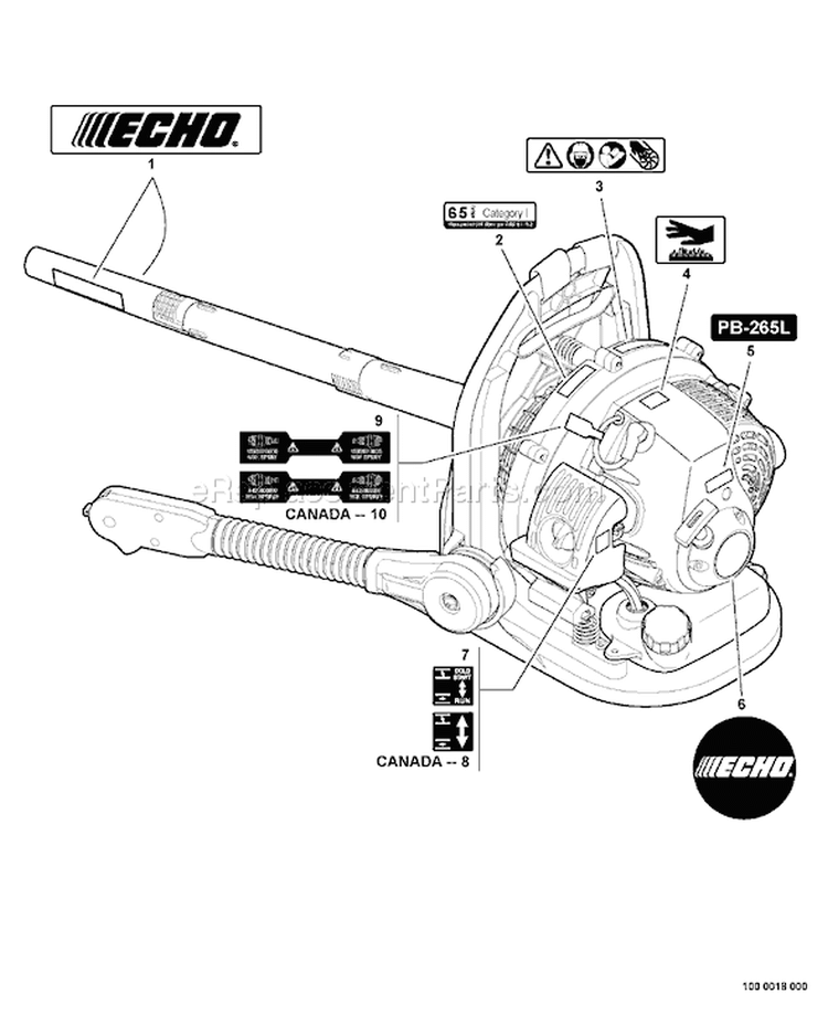 Page K Diagram and Parts List for PB-265L P06313001001-P06313999999 Echo Leaf Blower / Vacuum