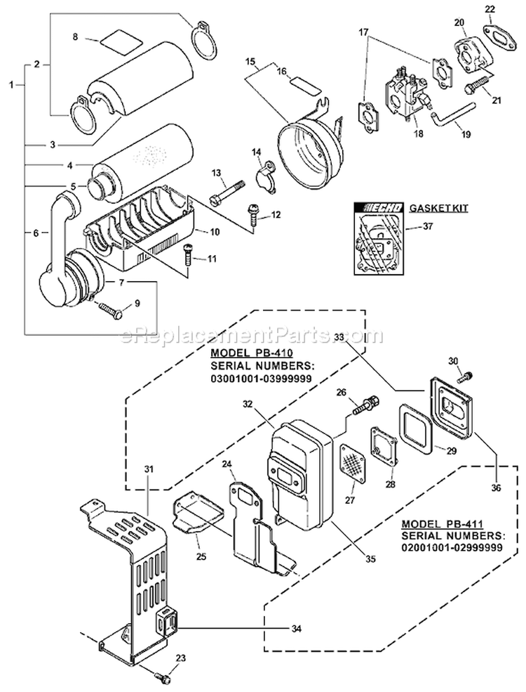 Page H Diagram and Parts List for PB-410 03001001-03999999 Echo Leaf Blower / Vacuum