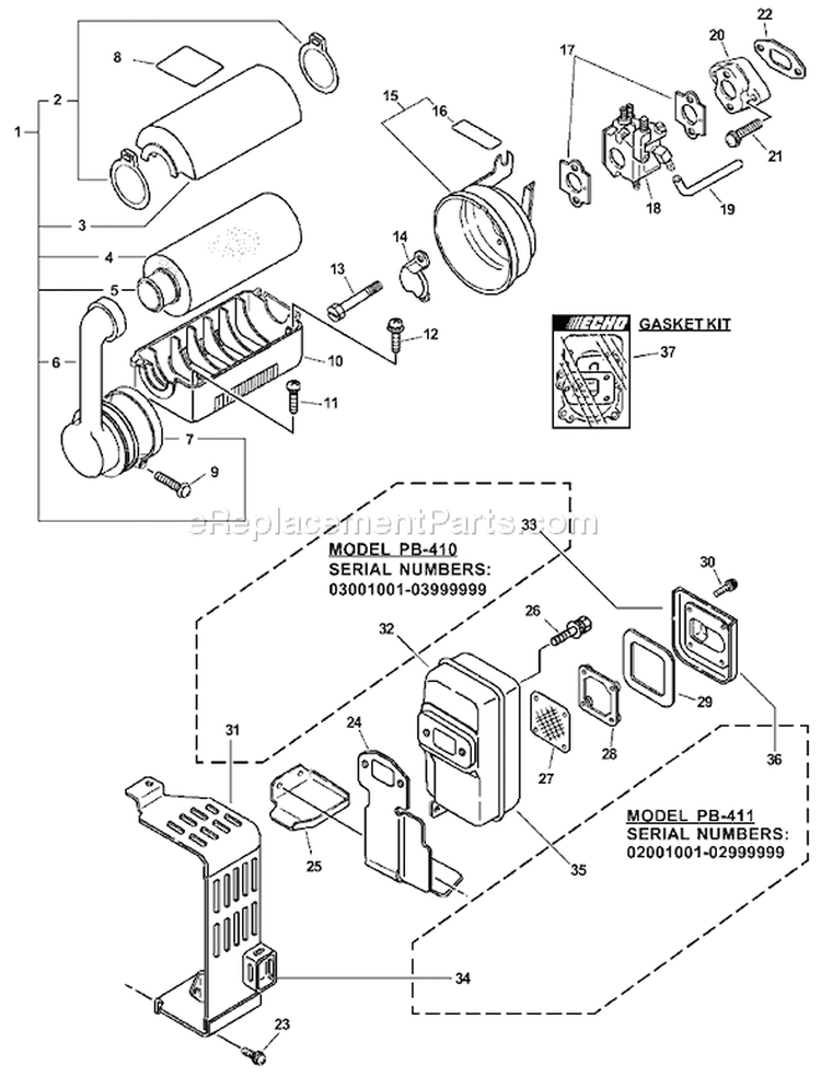 Page H Diagram and Parts List for PB-411 02001001-02999999 Echo Leaf Blower / Vacuum