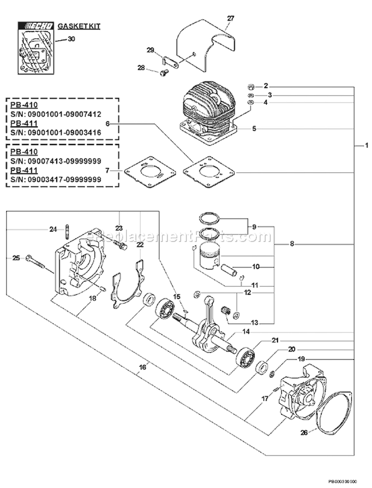 Page E Diagram and Parts List for PB-411 09001001-09999999 Echo Leaf Blower / Vacuum