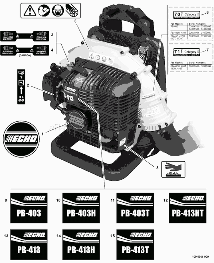 Page L Diagram and Parts List for PB-413T 09001001-09999999 Echo Leaf Blower / Vacuum